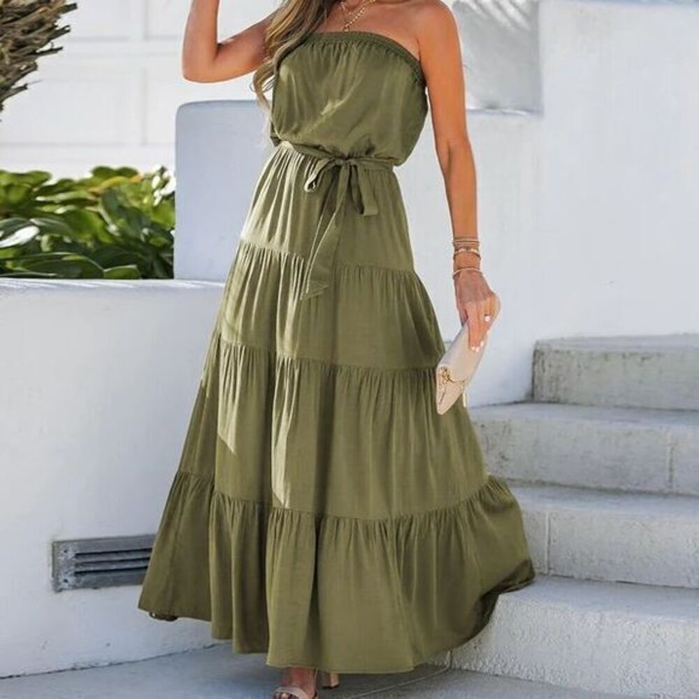 Cupshe Olive Green Strapless Tiered Maxi Dress Boho Summer Chic Size Small - Picture 6 of 15
